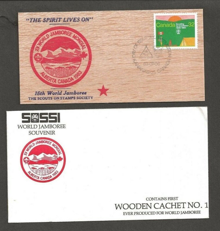 1983 Canada Scouts Jamboree FDC SOSSI wood postcard