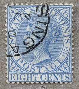 Straits Settlements 1894 8c bright blue, used. Scott 50a, CV $0.95. SG 101a