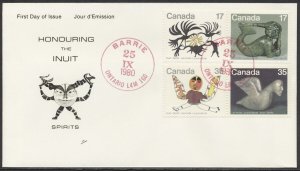 1980 #866-869 Inuit Spirits FDC, NR Covers Cachet, Barrie Ont CDS