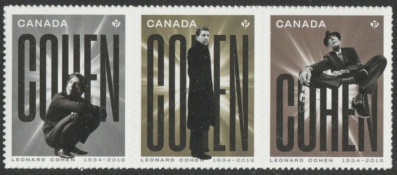 Canada 3196-3198 3198a Leonard Cohen P strip 3 (from booklet) MNH 2019