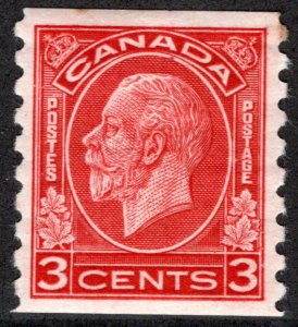 207 Scott, 3c deep red, MLHOG, KGV Medallion, XF, Canada Coil Postage Stamp