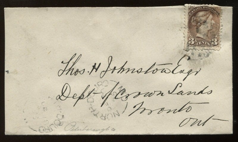 Canada 3 Cent Small Queen on 1875 North Douro ON cover to Toronto