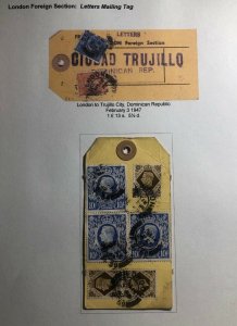 1947 London England Mailing Tag Cover To Trujillo Dominican Republic Sc#251