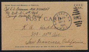 US 1943 RPO RAILROAD POST OFFICE SAN FRANCISCO SAN JOSE LOS ANGLOS FREE FRANK PC