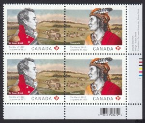 WAR 1812 Canada-Guernsey CANADA 2012 #2554-2555 MNH LR BLOCK w/COLOR ID, BARCODE