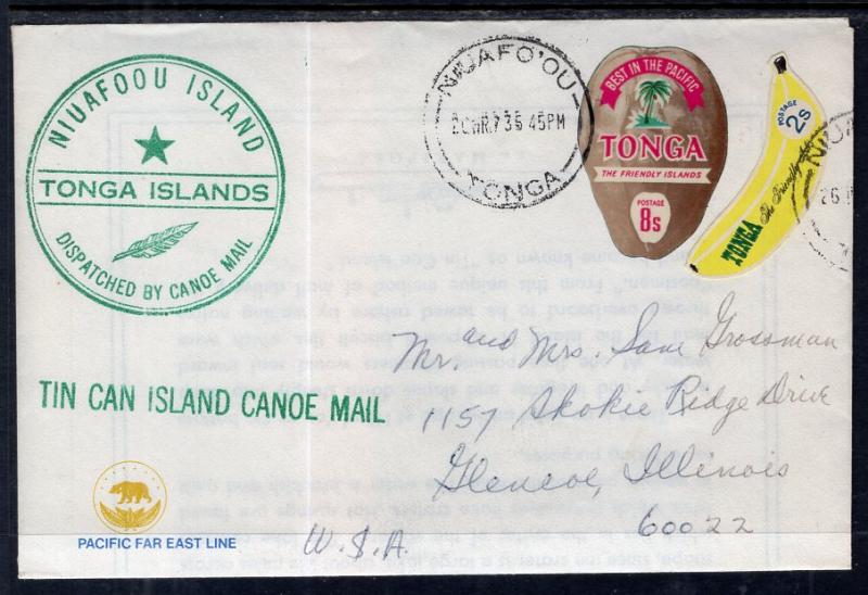 Tonga to Chicago,IL Tin Can Island Canoe Mail 1973 Cover