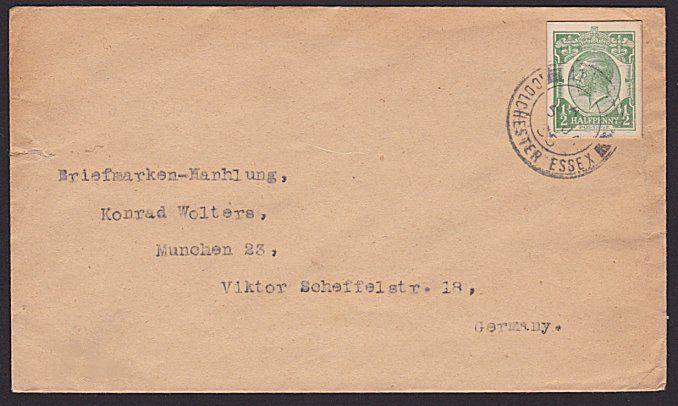 GB 1933 ½d postcard cut out used on cover Colchester to Germany.............6876
