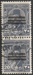 EGYPT  1953 Sc 353 Used 20m  pair, King Farouk  F-VF, Bars overprint