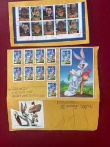 US Scott 3168-72 Movie Monsters Half Pane & 3137 Bugs Bunny Used on Envelopes   