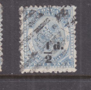 TONGA, 1893 1/2d. in Black on 1d. Ultramarine, used.