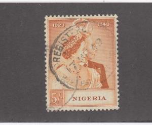 NIGERIA # 74 VF-KGV1 5sh SILVER WEDDING 1948 ISSUE LIGHT USED CAT VALUE $22.50