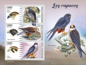 Chad - 2022 Birds of Prey, Black Kite, Falcon - 3 Stamp Sheet - TCH220119a