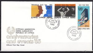 Cyprus Rep., Scott cat. 659-661 only. Youth & Music Year. First day cover. ^