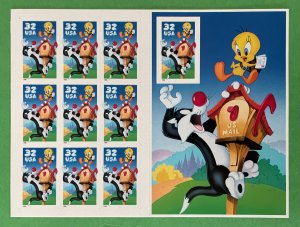 Scott 3205 SYLVESTER AND TWEETY Imperf  Pane of 10 US 32¢ Stamps MNH 1998