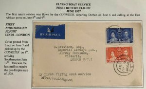 1937 Lindi Tanganyika KUT Airmail First Rerun Flight Cover To London England