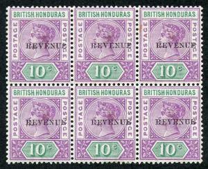 British Honduras SG67c QV 10c opt REVENUE (12 mm) MINT BLOCK of 6 (3 x U/M)