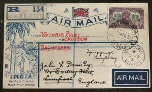 1931 Victoria Point India First Flight Cover To Croydon England Pilot Signed