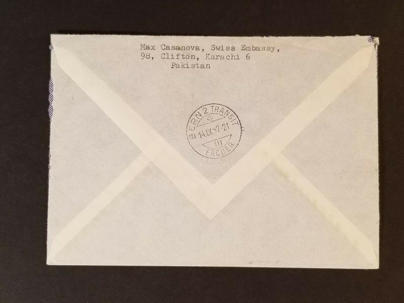 1957 Swiss Embassy Karachi Pakistan Bern Switzerland Registered Air Mail Cover 