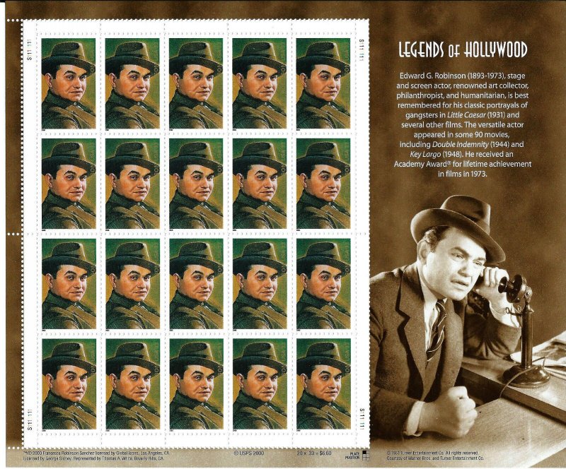 U.S. SCOTT #3446  -  EDGAR G ROBINSON -  LEGENDS OF HOLLYWOOD -  MINT N.H. SHEET