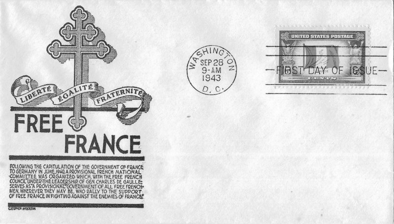 1943 FDC, #915, 5c Overrun Country - France, Anderson, machine cancel