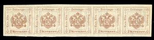 Austria #PR6 Cat$70+ (for hinged singles), 1877 2kr brown, horizontal strip o...