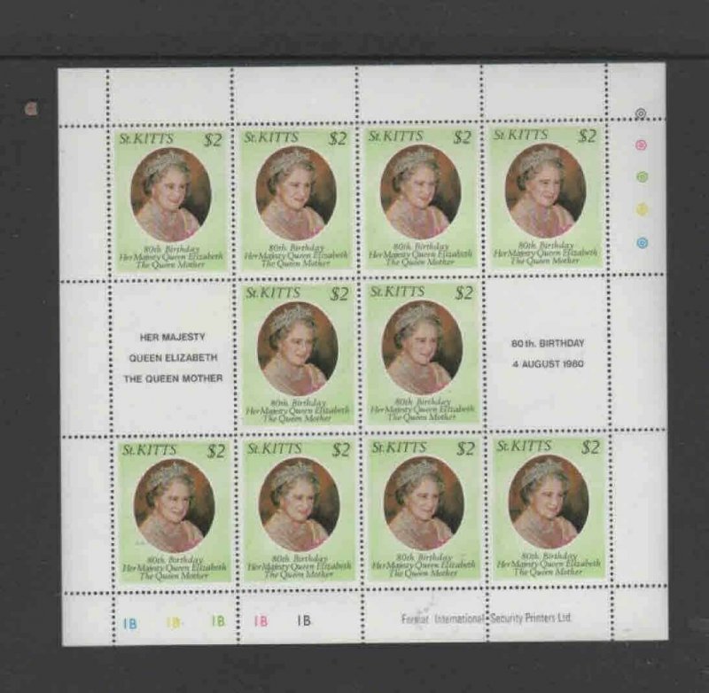 ST. KITTS #44 1980 QUEEN MOTHER 80TH BIRTHDAY MINT VF NH O.G SHEET 10