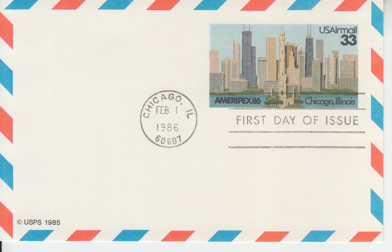 1986 United States Ameripex 86 Post Card (Scott UXC23) No Cachet  FDC