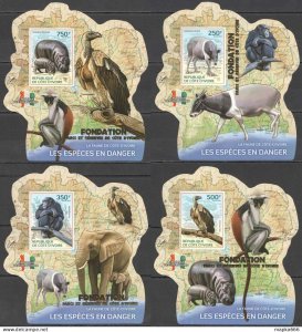 Lx223 Imperf Gold 2014 Ivory Coast Endangered Species #1619-2 Cardboard 4Bl Mnh