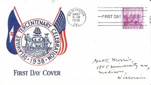 1938 FDC, #836, 3c Delaware 300th, Plimpton
