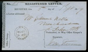 ?REGISTERED LETTER Receipt HARVEY N.B. double split ring 1859 PostOffice Canada