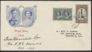 1939 RMS Nascopie Cover Royal Visit Cachet and Stamps Churchill MAN CDS AU 7 39