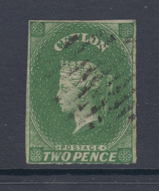 Ceylon Sc 4a used 1857 2p yellow green imperf QV, fresh & F-VF