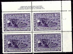 Canada 261MNH 1942 Corner Inscription Block of 4 (ak1860)