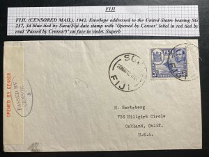 1942 Suva Fiji Censored Red Label Cover To Oakland CA USA