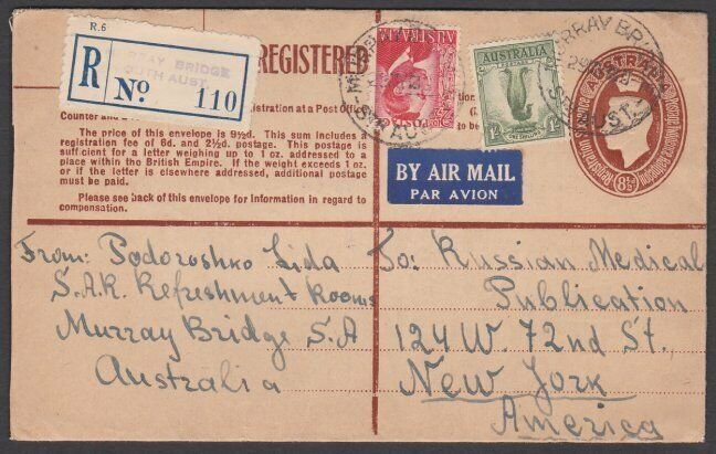 AUSTRALIA 1950 GVI 8½d registered envelope uprated airmail to USA...........N606