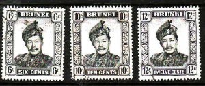 Brunei-Sc#87,88,90- id7-three used Sultan Omar Ali Saifudden-1952-
