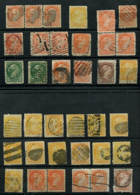 SMALL QUEEN lot 36 stamps fancy, cork, triple, pairs, 1c, 2c, 3c, Canada used