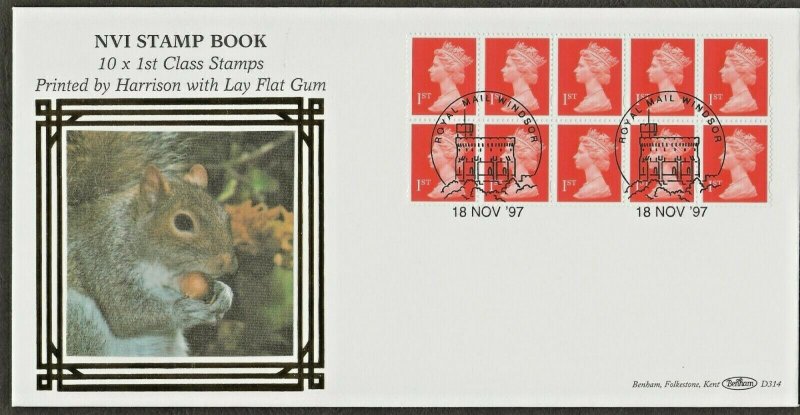 18/11/1997 £2.60 HARRISON 10 x 1st NVI BOOKLET/ LAY FLAT PVA / BLUE FLUOR FDC