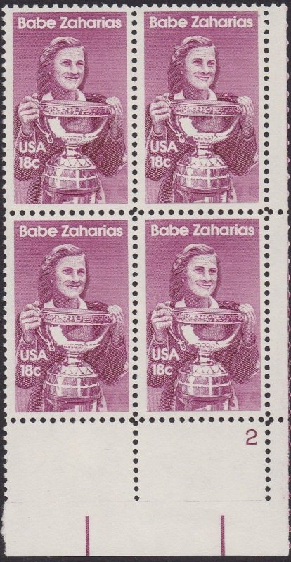 1932 Babe Zaharias Plate Block MNH
