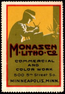 Vintage US Poster Stamp Monasen Lithographic Company Commercial And Color Work