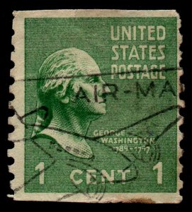 U.S. Scott #839: 1939 1¢ George Washington Vert. Coil, Used, F, airplane cancel