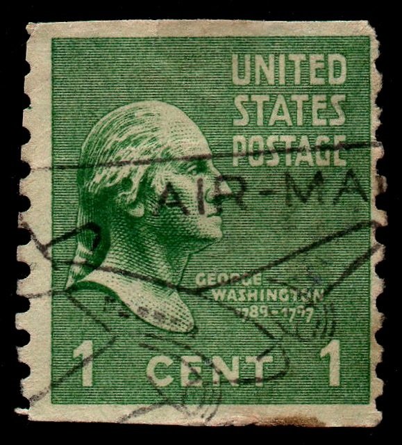 U.S. Scott #839: 1939 1¢ George Washington Vert. Coil, Used, F, airplane cancel