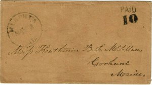 1856 Murphys, CA cancel on cover to Gorham, ME, PAID 10 handstamp