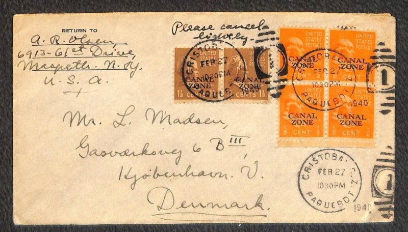 CANAL ZONE 118 & 119 (x2) PREXY STAMPS CRISTOBAL TO DENMARK PAQUEBOT COVER 1940