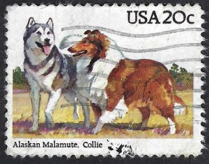 United States #2100 20¢ Alaskan Malamute and Collie (1984). Used.