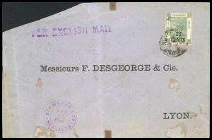 HONG KONG 1899 QV 20c with character on 30c on cover to France.............91685