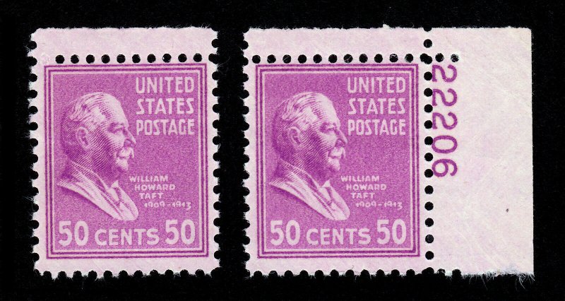 SCOTT #831 TAFT 50¢ PLATE NUMBER SINGLE + SINGLE PREXIE MNH-OG