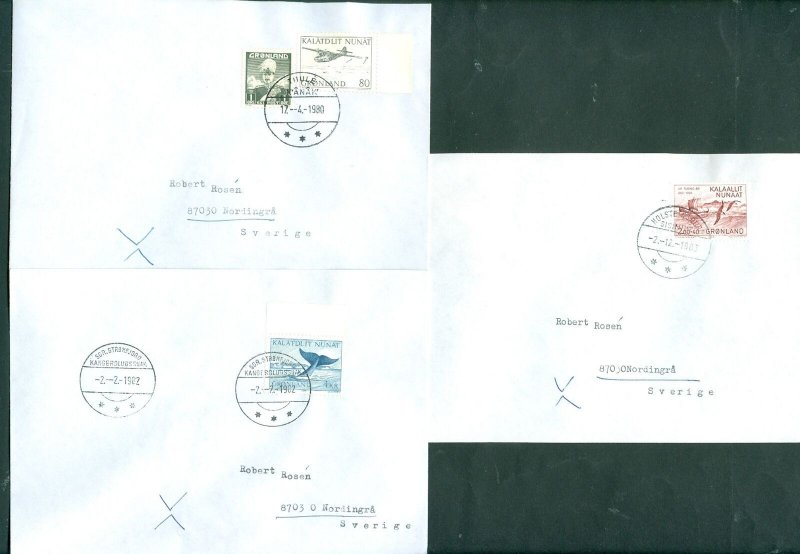 Greenland.  3 Covers, Used. 1980-1982-1983. Adr: Sweden.