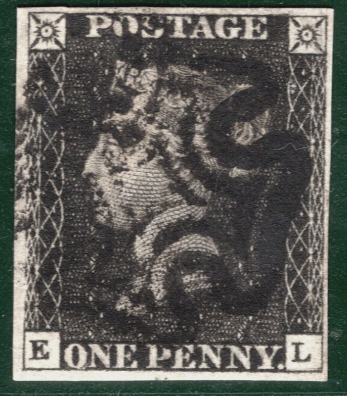 GB PENNY BLACK QV 1840 Stamp SG.2 1d Plate 8 (EL) *STATE 1* Cat £525- SBR12