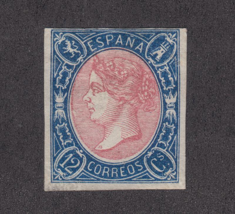 Spain Sc 69 MNG. 1865 12c blue & rose Isabella II, 4 margins, F-VF